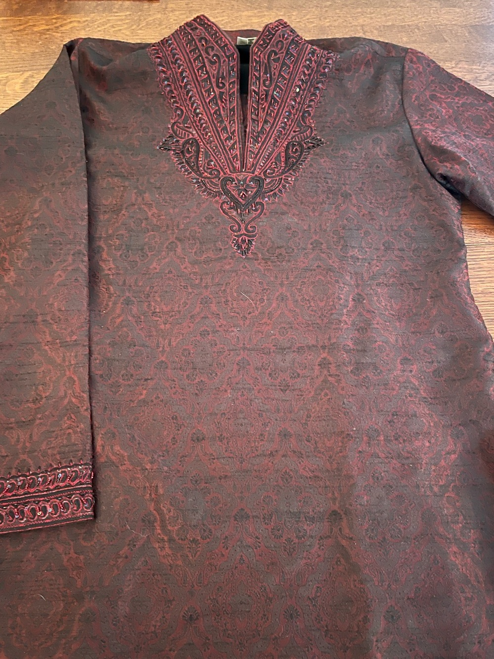 Embroidered V-Neck Kurta in Deep Red Jacquard Beaded collar&cuffs size 38